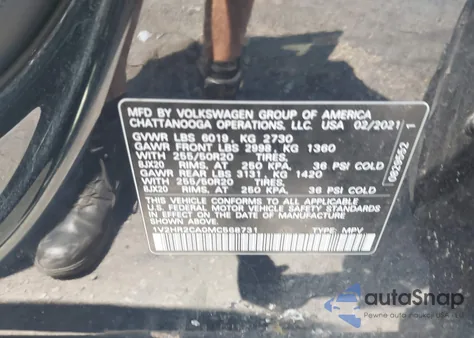 2021 Volkswagen Atlas 3.6L V6 Se W/Technology из США, поврежденный, VIN 1V2HR2CA0MC568731